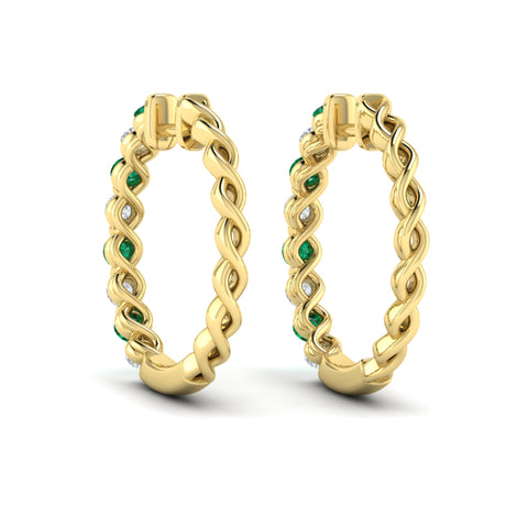 Vlora Adella 14K Gold Diamond and Emerald Twist Huggie Hoop Earrings (Diamond 0.36CTW, Emerald 0.43CTW )