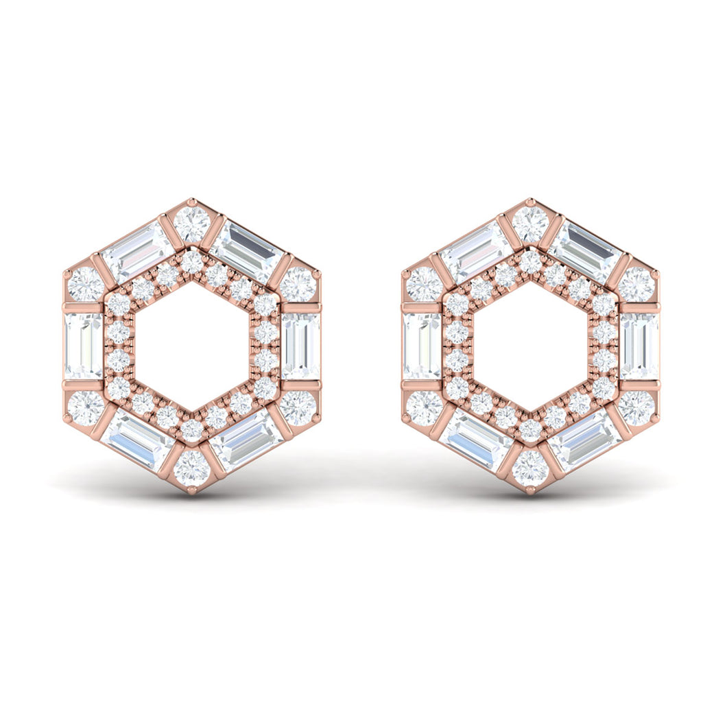Vlora Karina 14K Diamond Baguette Double Row Open Honeycomb Stud Earrings (0.76CTW)