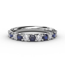 Load image into Gallery viewer, Sapphire and Diamond Shared Prong Anniversary Band