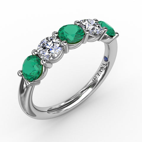 Chunky Emerald and Diamond Shared Prong Anniversary Band