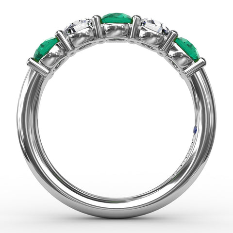 Chunky Emerald and Diamond Shared Prong Anniversary Band