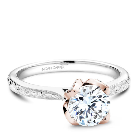 Noam Carver White Gold Engagement Ring Setting with Floral Engravings and Rose Gold Crown (0.17 CTW)