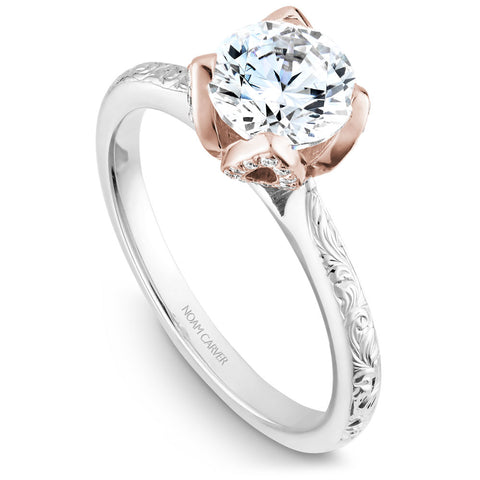 Noam Carver White Gold Engagement Ring Setting with Floral Engravings and Rose Gold Crown (0.17 CTW)