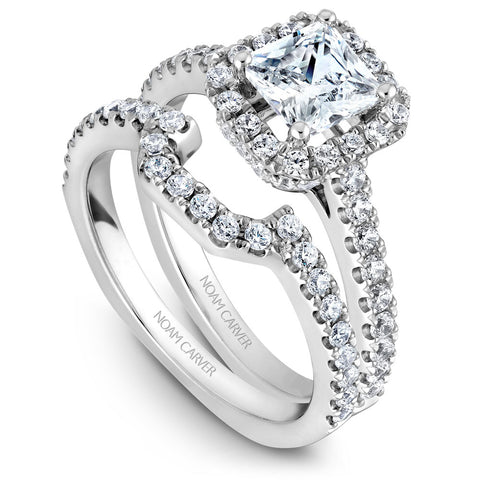 Noam Carver White Gold Diamond Engagement Ring Setting with Princess Center Stone and Halo (0.55 CTW)