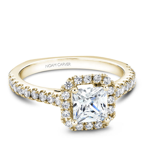 Noam Carver Yellow Gold Diamond Engagement Ring Setting with Princess Center Stone and Halo (0.55 CTW)