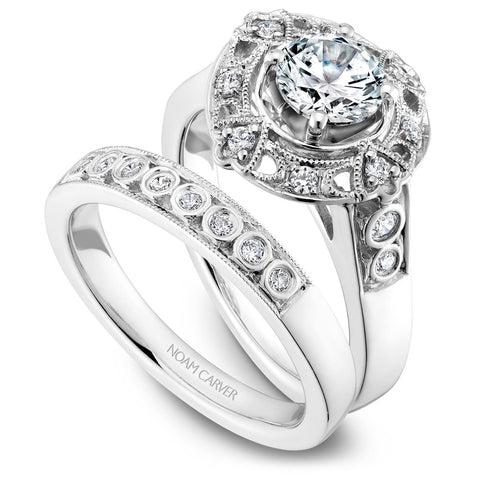 Noam Carver White Gold Vintage Diamond Engagement Ring Setting with Milgrain Accented Halo (0.19 CTW)