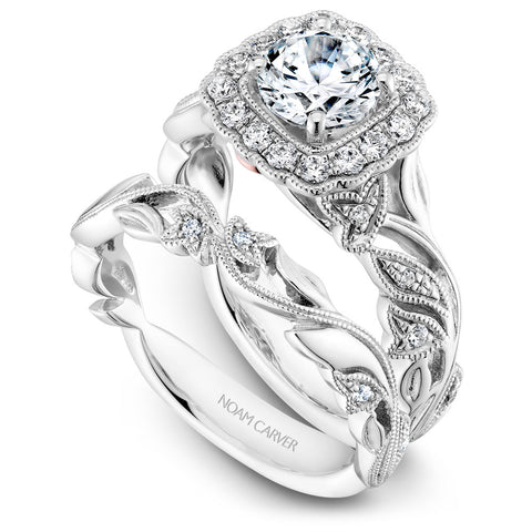 Noam Carver White Gold Halo Diamond Engagement Ring Setting with Floral Shank (0.30 CTW)