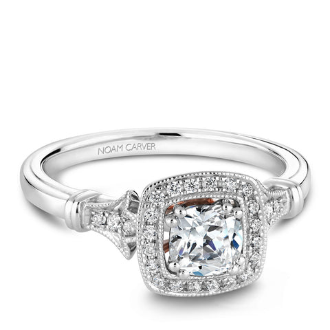 Noam Carver White Gold Vintage Diamond Engagement Ring Setting with Milgrain Accents and Halo (0.15 CTW)