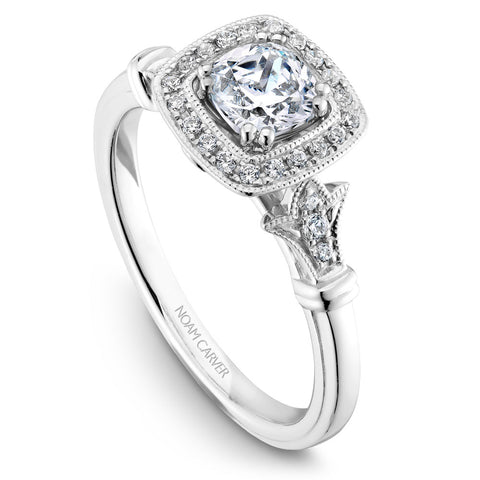 Noam Carver White Gold Vintage Diamond Engagement Ring Setting with Milgrain Accents and Halo (0.15 CTW)