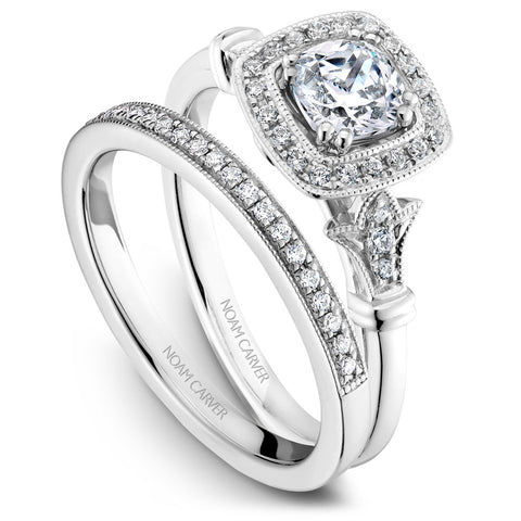 Noam Carver White Gold Vintage Diamond Engagement Ring Setting with Milgrain Accents and Halo (0.15 CTW)
