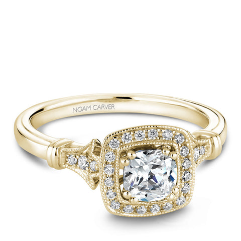 Noam Carver Yellow Gold Vintage Diamond Engagement Ring Setting with Milgrain Accents and Halo (0.15 CTW)