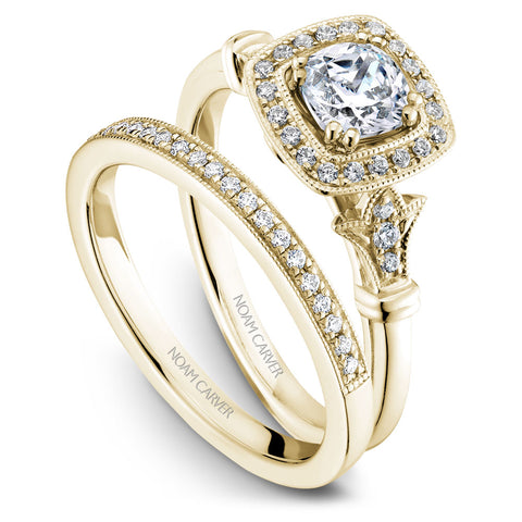 Noam Carver Yellow Gold Vintage Diamond Engagement Ring Setting with Milgrain Accents and Halo (0.15 CTW)