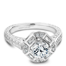 Load image into Gallery viewer, Noam Carver White Gold Bezel Baguette and Round Halo Engagement Ring wtih Carved Shank (0.24 CTW)
