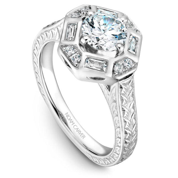 Noam Carver White Gold Bezel Baguette and Round Halo Engagement Ring wtih Carved Shank (0.24 CTW)