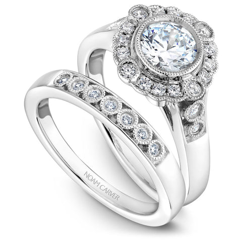 Noam Carver White Gold Bezel Set Halo Engagement Ring Setting with Milgrain (0.27 CTW)