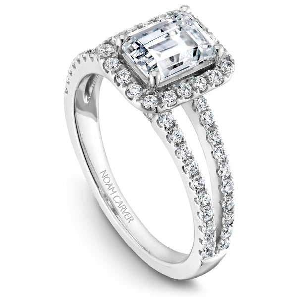 Noam Carver White Gold Split Shank Diamond Engagement Ring Setting with Emerald Center Stone and Halo