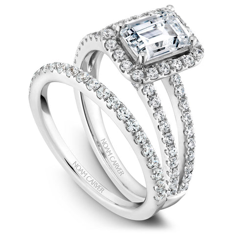 Noam Carver White Gold Split Shank Diamond Engagement Ring Setting with Emerald Center Stone and Halo