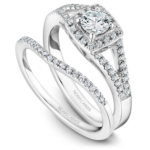 Noam Carver White Gold Split Shank Diamond Engagement Ring Setting with Princess Halo (0.37 CTW)