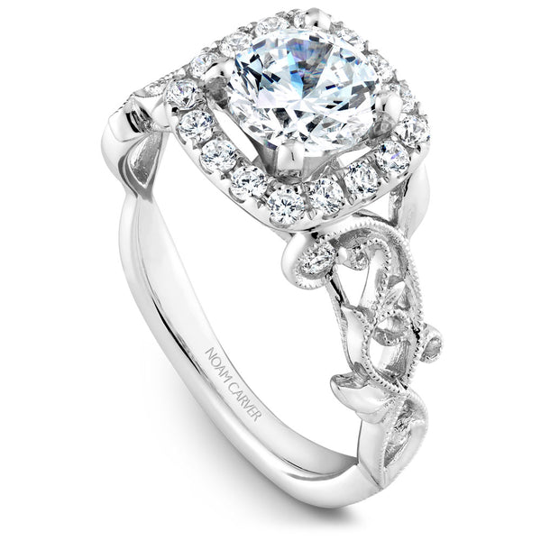 Noam Carver White Gold Cushion Halo Engagement Ring Setting with Carved Shank (0.35 CTW)