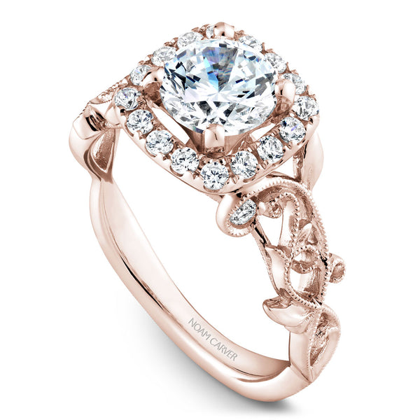 Noam Carver Rose Gold Cushion Halo Engagement Ring Setting with Carved Shank (0.35 CTW)
