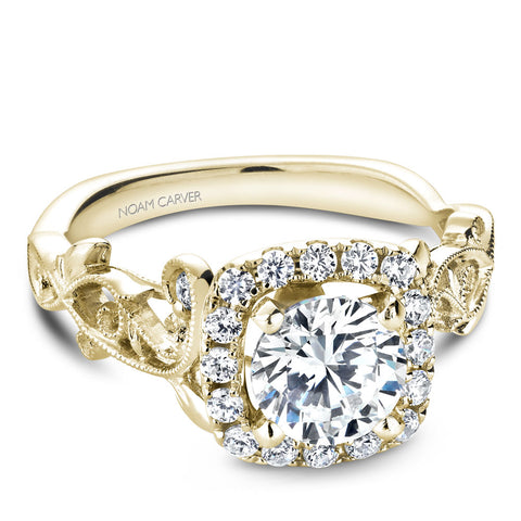 Noam Carver Yellow Gold Cushion Halo Engagement Ring Setting with Carved Shank (0.35 CTW)