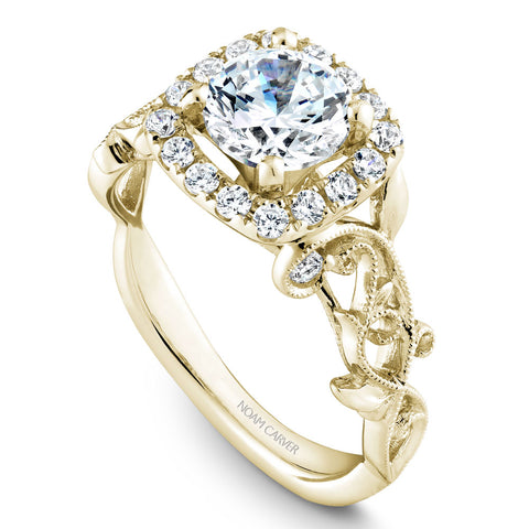 Noam Carver Yellow Gold Cushion Halo Engagement Ring Setting with Carved Shank (0.35 CTW)