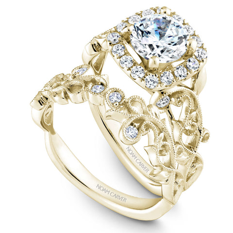 Noam Carver Yellow Gold Cushion Halo Engagement Ring Setting with Carved Shank (0.35 CTW)