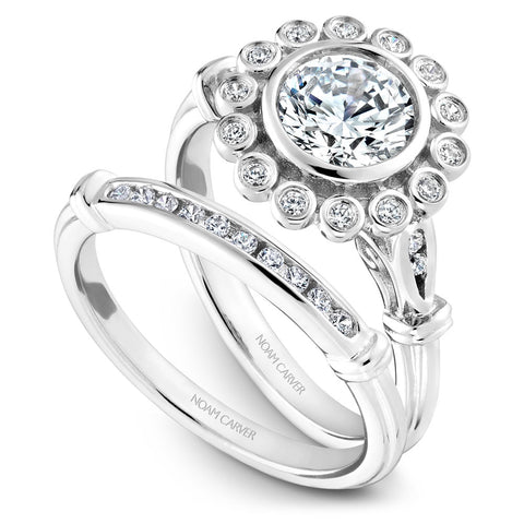 Noam Carver White Gold Bezel Set Floral Halo Engagement Ring Setting with Accents (0.15 CTW)