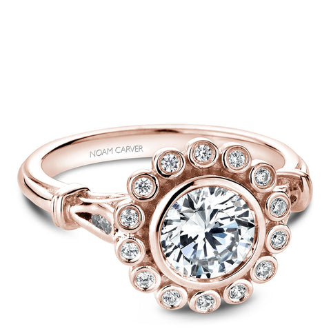 Noam Carver Rose Gold Bezel Set Floral Halo Engagement Ring Setting with Accents (0.15 CTW)