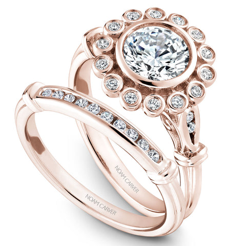 Noam Carver Rose Gold Bezel Set Floral Halo Engagement Ring Setting with Accents (0.15 CTW)