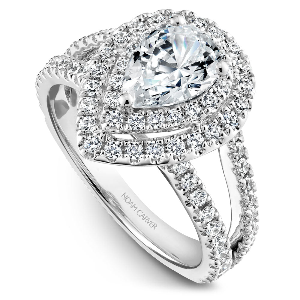 Noam Carver White Gold Split Shank Pear Diamond Engagement Ring with Double Halo (0.89 CTW)