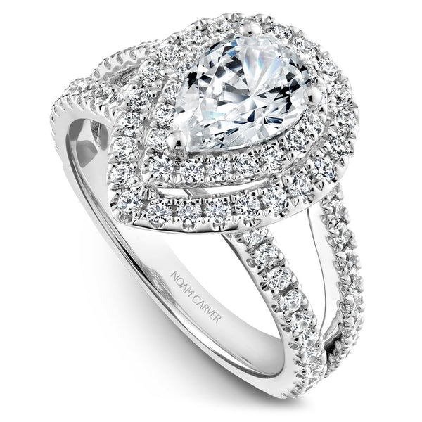 Noam Carver White Gold Split Shank Pear Diamond Engagement Ring Setting with Double Halo (0.89 CTW)