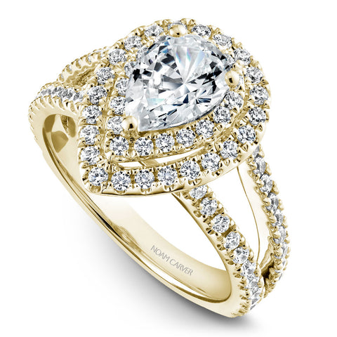 Noam Carver Yellow Gold Split Shank Pear Diamond Engagement Ring Setting with Double Halo (0.89 CTW)