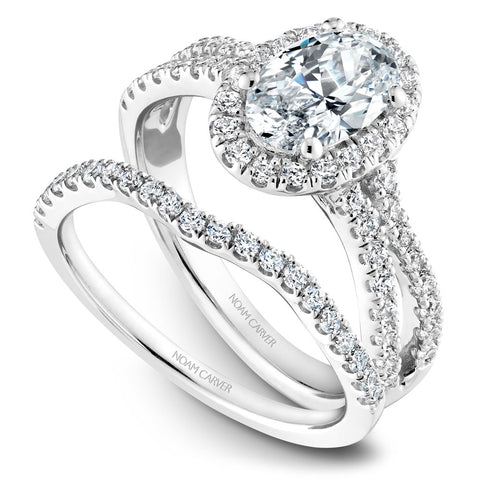 Noam Carver White Gold Split Shank Oval Diamond Engagement Ring Setting with Halo (0.55 CTW)