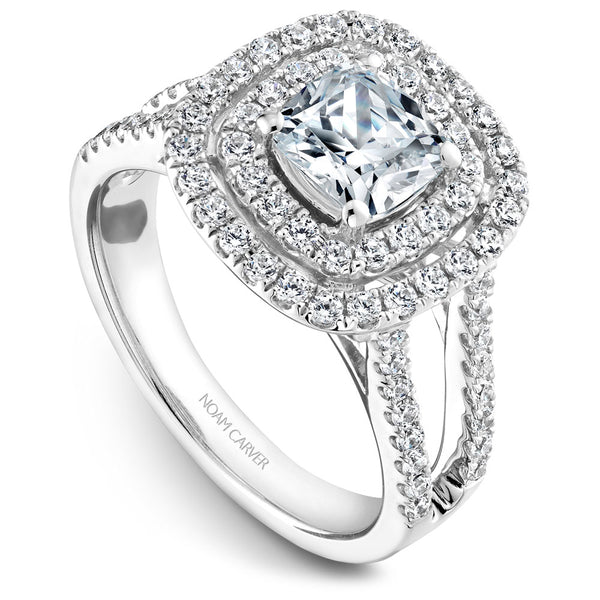 Noam Carver White Gold Split Shank Diamond Engagement Ring Setting with Double Halo (0.74 CTW)