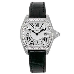 Cartier Ladies Roadster Stainless Steel With Diamond Bezel on a Black Leather Strap