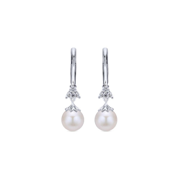 Gabriel Grace Collection White Gold Drop Pearl Earrings with Diamond Accents (0.15 CTW)