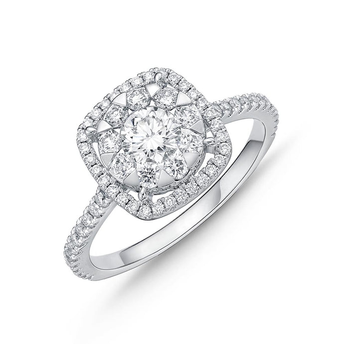 IDC Signature Collection: White Gold Bouquet Cushion Halo Engagement Ring .78ctw (.30 center)