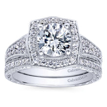 Load image into Gallery viewer, Gabriel Bridal Collection White Gold Channel and Hand Cut Etched Round Halo Diamond Engagement Ring (0.59 ctw)