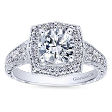 Load image into Gallery viewer, Gabriel Bridal Collection White Gold Channel and Hand Cut Etched Round Halo Diamond Engagement Ring (0.59 ctw)