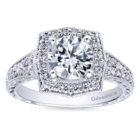 Gabriel Bridal Collection White Gold Channel and Hand Cut Etched Round Halo Diamond Engagement Ring (0.59 ctw)