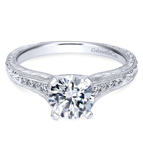 Gabriel Bridal Collection White Gold Straight Channel and Hand Cut Etching Diamond Engagement Ring (0.15 ctw)