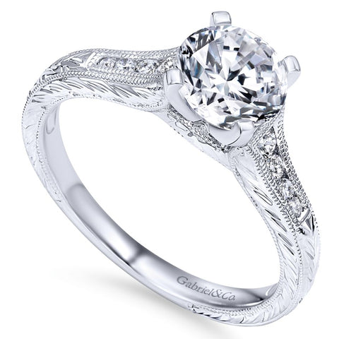 Gabriel Bridal Collection White Gold Straight Channel and Hand Cut Etching Diamond Engagement Ring (0.15 ctw)