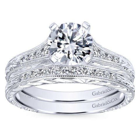 Gabriel Bridal Collection White Gold Straight Channel and Hand Cut Etching Diamond Engagement Ring (0.15 ctw)