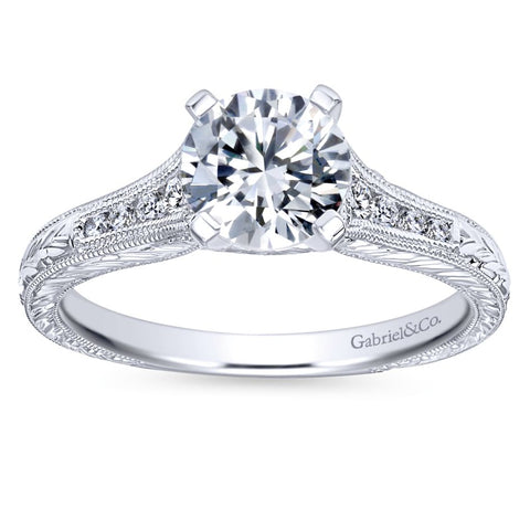 Gabriel Bridal Collection White Gold Straight Channel and Hand Cut Etching Diamond Engagement Ring (0.15 ctw)