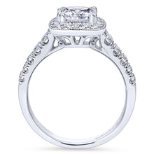 Load image into Gallery viewer, Gabriel Bridal Collection White Gold Diamond Accent Shank and Princess Cut Diamond Halo Engagement Ring (0.56 ctw)