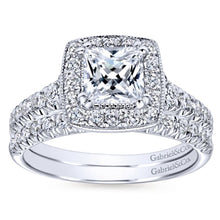 Load image into Gallery viewer, Gabriel Bridal Collection White Gold Diamond Accent Shank and Princess Cut Diamond Halo Engagement Ring (0.56 ctw)