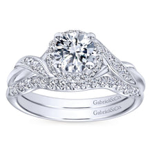 Load image into Gallery viewer, Gabriel Bridal Collection White Gold Twisted Shank Diamond Halo Engagement Ring (0.14 ctw)