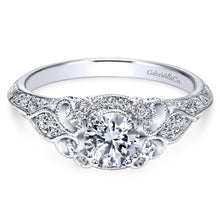 Load image into Gallery viewer, Gabriel Bridal Collection White Gold Filigree Round Diamond Halo Engagement Ring (0.31 ctw)