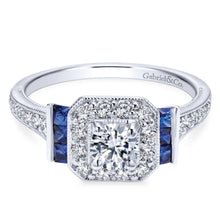 Load image into Gallery viewer, Gabriel Bridal Collection White Gold Diamond Halo and Side Sapphire Engagement Ring with Milgrain Detailing (0.4 ctw)